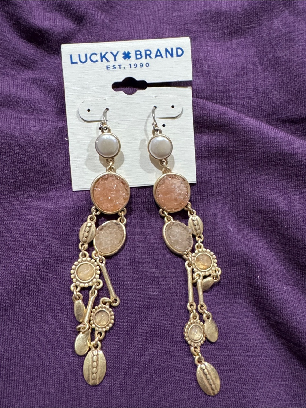 Lucky Brand Rose Druzy & Gold Long Dangle Earrings